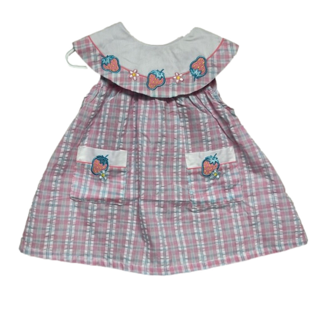 Vintage Cotton Toddler Dress Pink Blue Strawberry Gingham Peter Pan Collar NEW